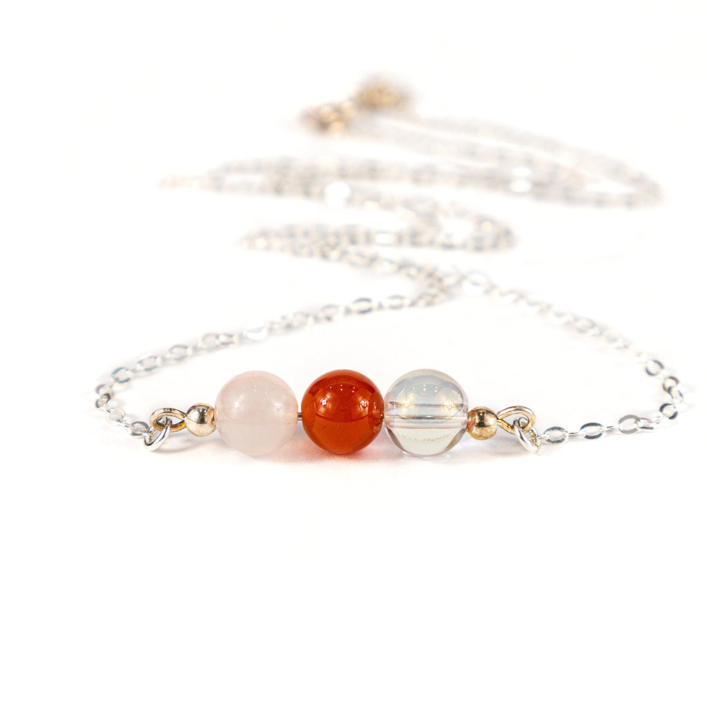 Carnelian Crystal Necklace, Rose Quartz, and Aura Quartz Minimalist Necklace, Fertility and Concepcion Support
