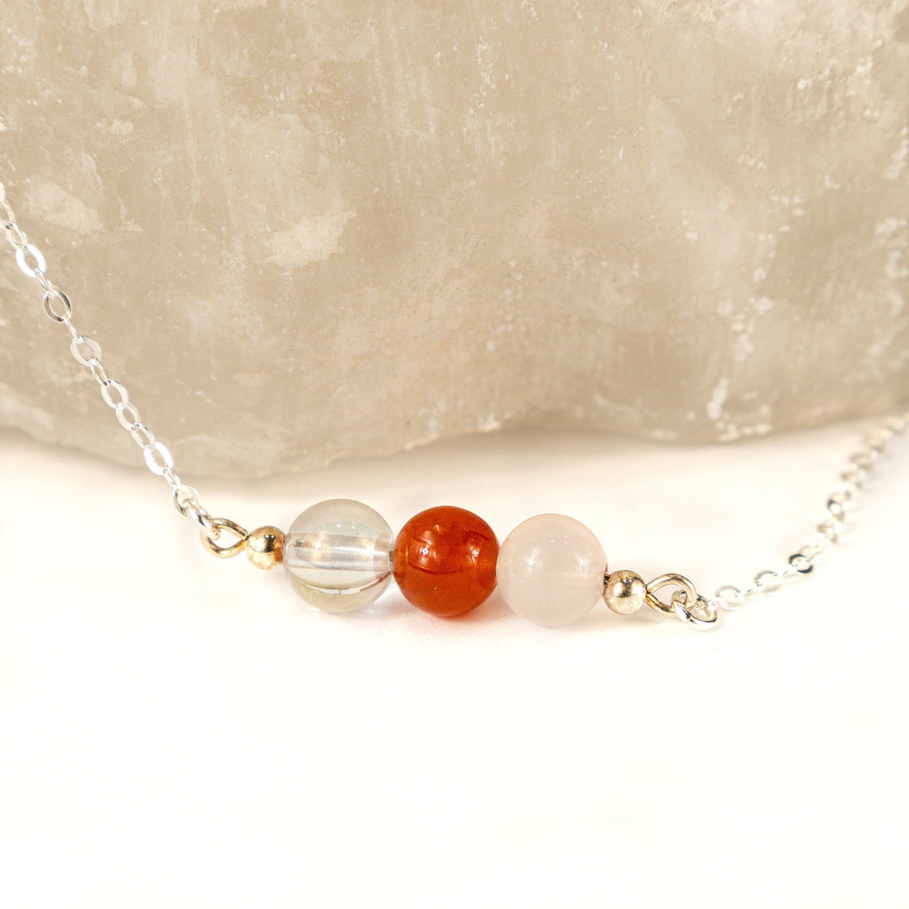Carnelian Crystal Necklace, Rose Quartz, and Aura Quartz Minimalist Necklace, Fertility and Concepcion Support