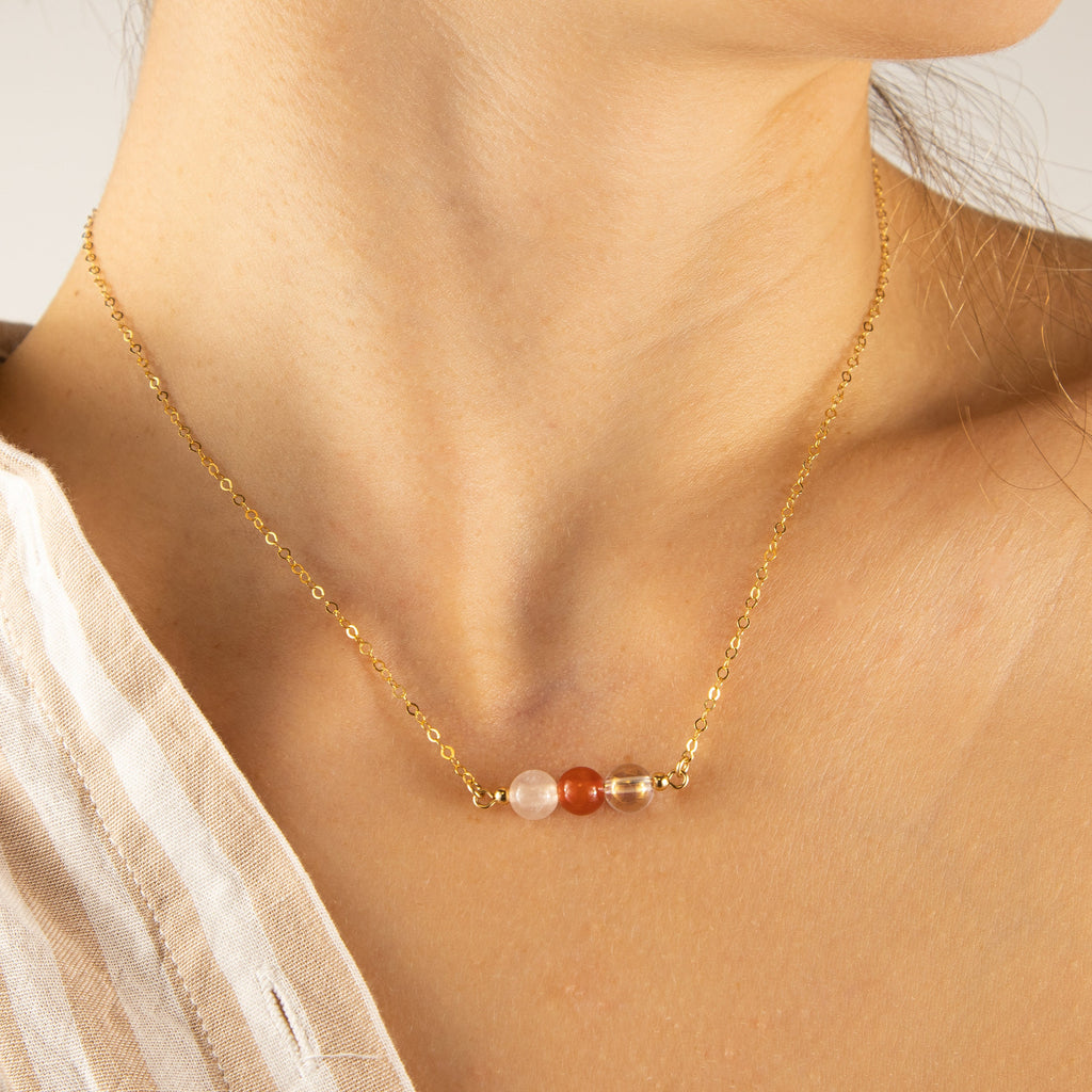 Carnelian Crystal Necklace, Rose Quartz, and Aura Quartz Minimalist Necklace, Fertility and Concepcion Support