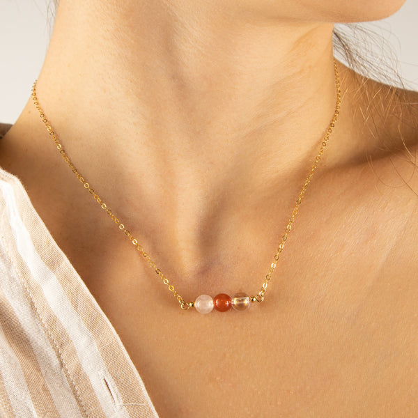 Carnelian Crystal Necklace, Rose Quartz, and Aura Quartz Minimalist Necklace, Fertility and Concepcion Support